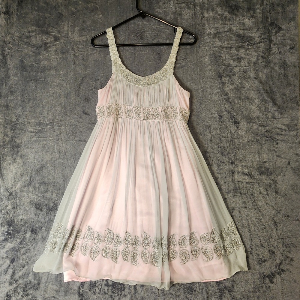 Nightway Silk Beaded Paisley Empire Waist Cocktail Dress Pink Grey Women 8